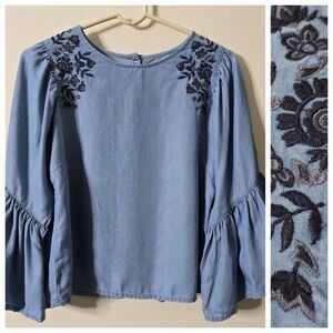 Hollister Floral Embroidered Denim Blouse Shirt Flounce Ruffle Sleeves Size S